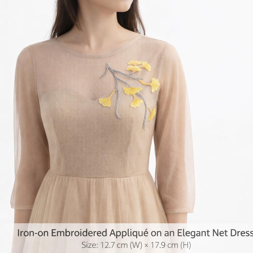 S.A.V.I Iron-On Embroidered Ginkgo Leaf Appliqué Patch Yellow Grey Floral Branch Design Fabric Embroidery 12.7 x 17.9 cm for Dresses Sarees Kurtis DIY Craft (Left)