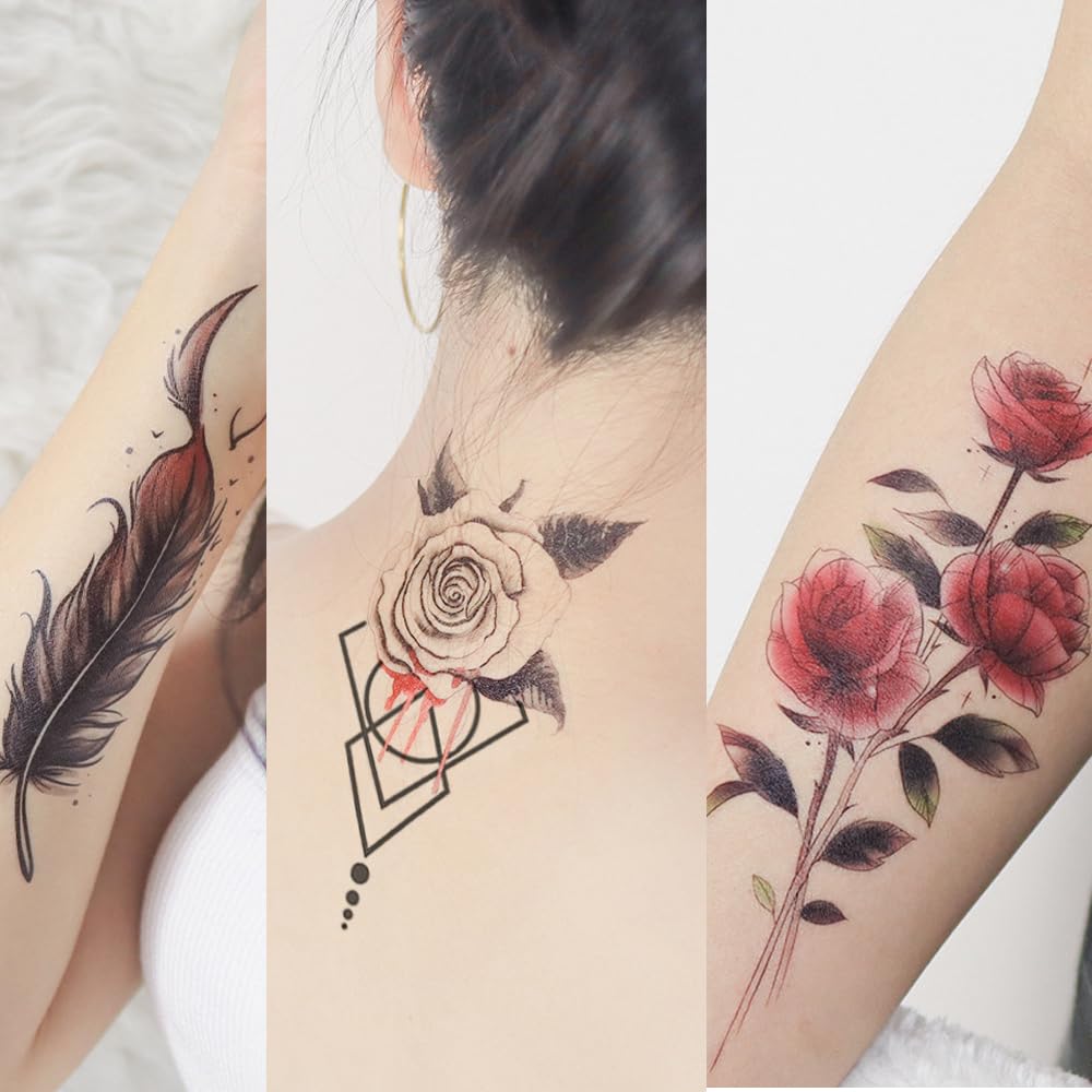 S.A.V.I 3 Pcs Large Temporary Tattoo Sheets for Women – Floral Rose, Feather & Geometric Designs | 16x9 cm Waterproof, Safe & Non-Toxic Body Art Stickers for Arm, Neck, Back – Easy to Apply & Remove (01)