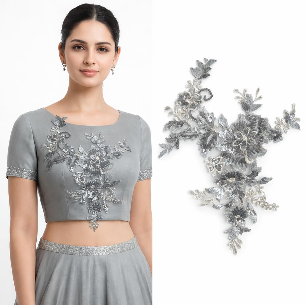 S.A.V.I Grey Floral Embroidered Applique Patch 25x29 cm | Sequin & Thread Work | Leaf Vine Design Sew-On Lace Motif for Blouse, Lehenga, Gown & Ethnic Clothes (Grey)