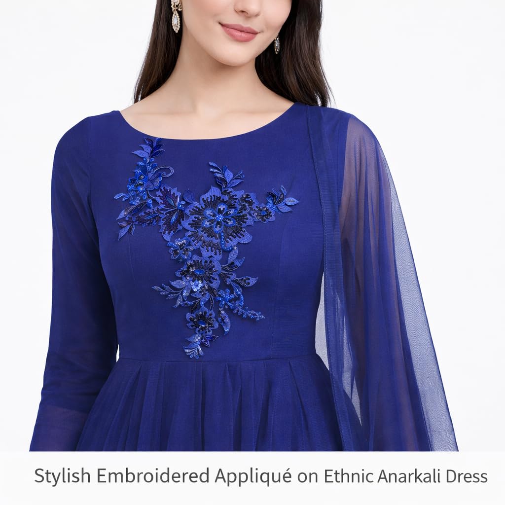 S.A.V.I Blue Floral Sequin Embroidered Appliqué Patch 25x29 cm on Mesh, Asymmetrical Designer Motif, Sew-On Craft Accent for Saree, Gown, Lehenga & Dress DIY (Blue)