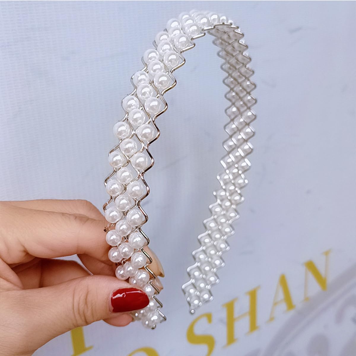 S.A.V.I Pearl White Zigzag Hair Band for Women & Girls | Double Row Faux Pearl Beaded Metal Headband | Korean Style Bridal Party Hair Accessory | Lightweight Comfortable Fit