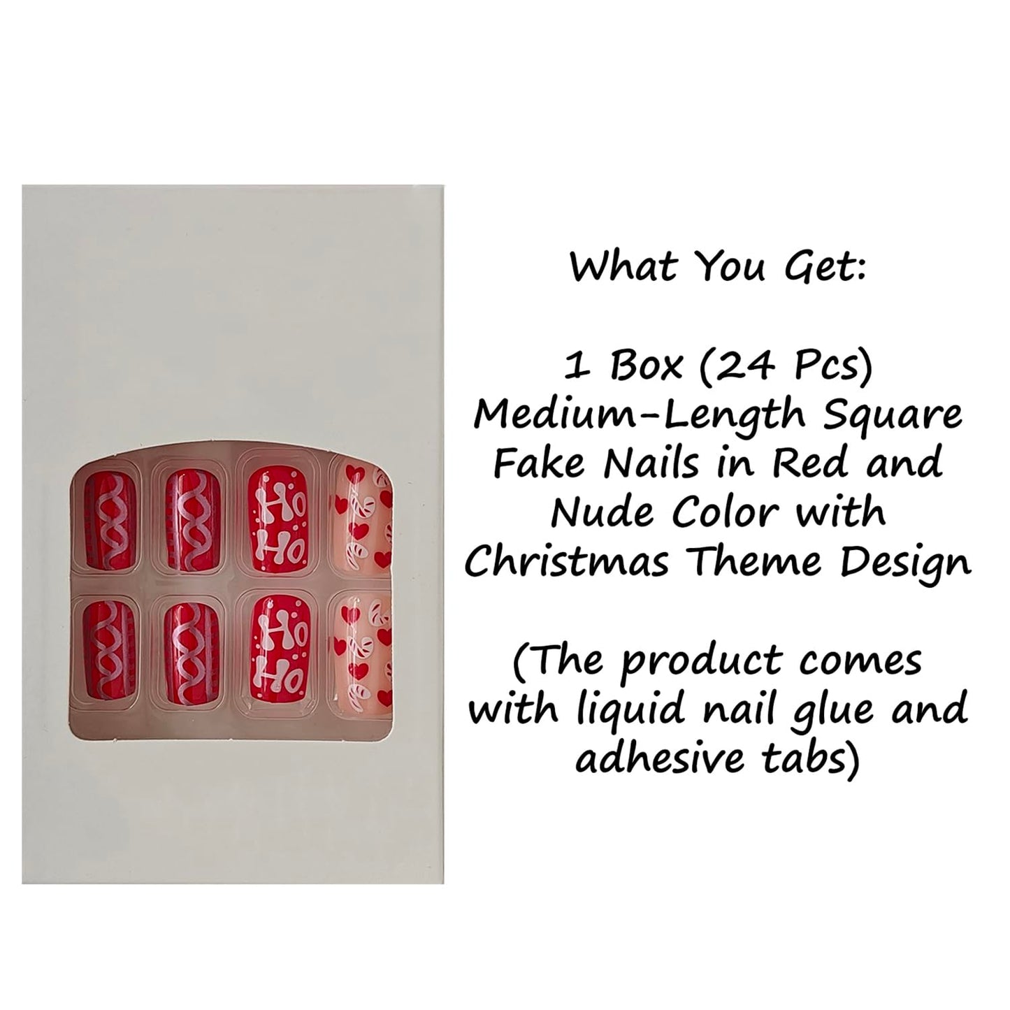 S.A.V.I 24 Pcs Christmas Red & Nude Press On Nails, Medium Square Glossy Acrylic Fake Nails with Candy Cane & Ho Ho Art, Reusable Set with Glue & Adhesive Tabs