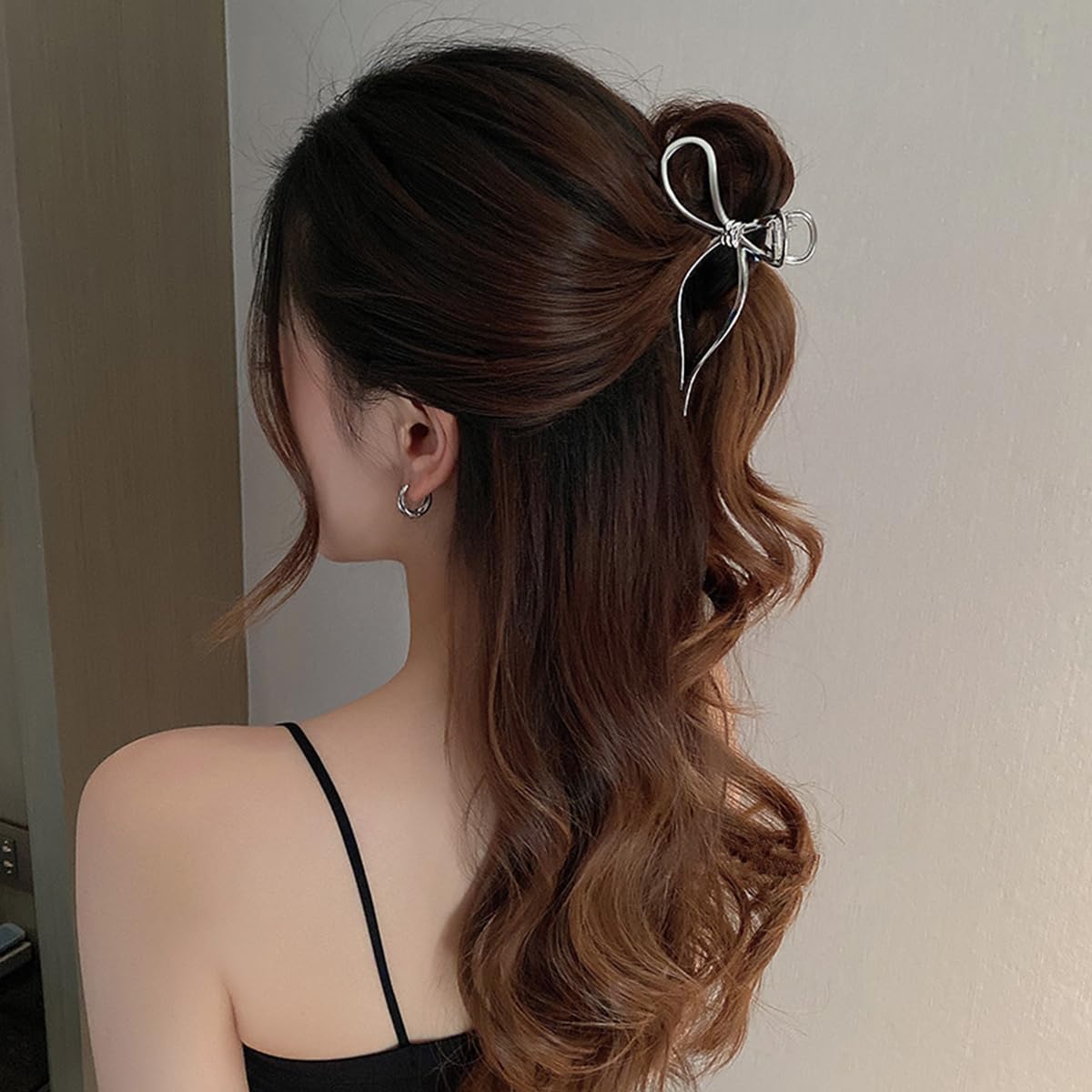 S.A.V.I Silver Metal Bow Hair Claw Clip for Women, 11.5 cm Large Butterfly Design, Strong Hold Non-Slip Jaw for Thick Long Hair, Korean Style Elegant Accessory To Use Daily & For Party