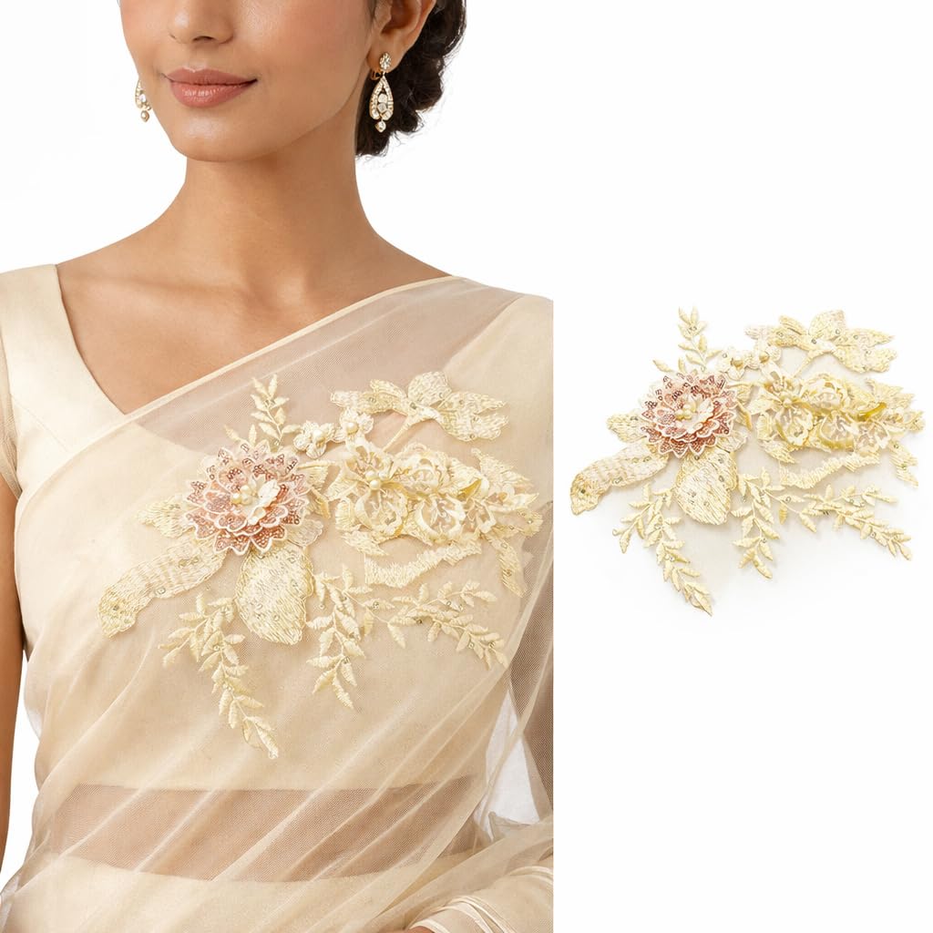 S.A.V.I Ivory Gold Floral Embroidered Appliqué Patch 20 x 25 cm, 3D Flower Net Lace Sew-On for Saree, Lehenga, Blouse, Gown & Anarkali Dress (Yellow)