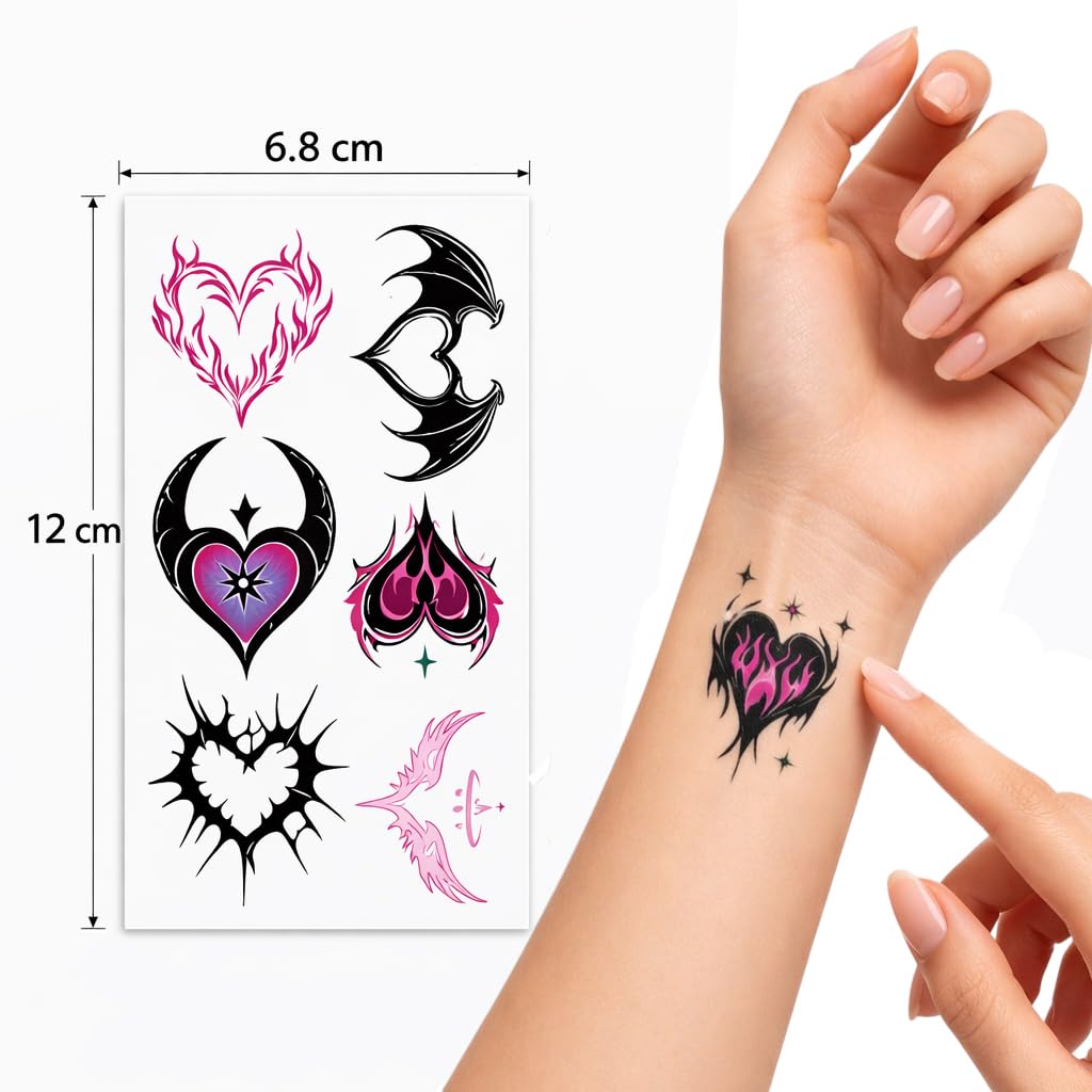 S.A.V.I Pink & Black Gothic Heart Temporary Tattoos – 10 Sheets (6.8x12 cm) Waterproof Non-Toxic Body Art Stickers with Flame, Spider, Wing & Tribal Designs for Women & Girls (#329)