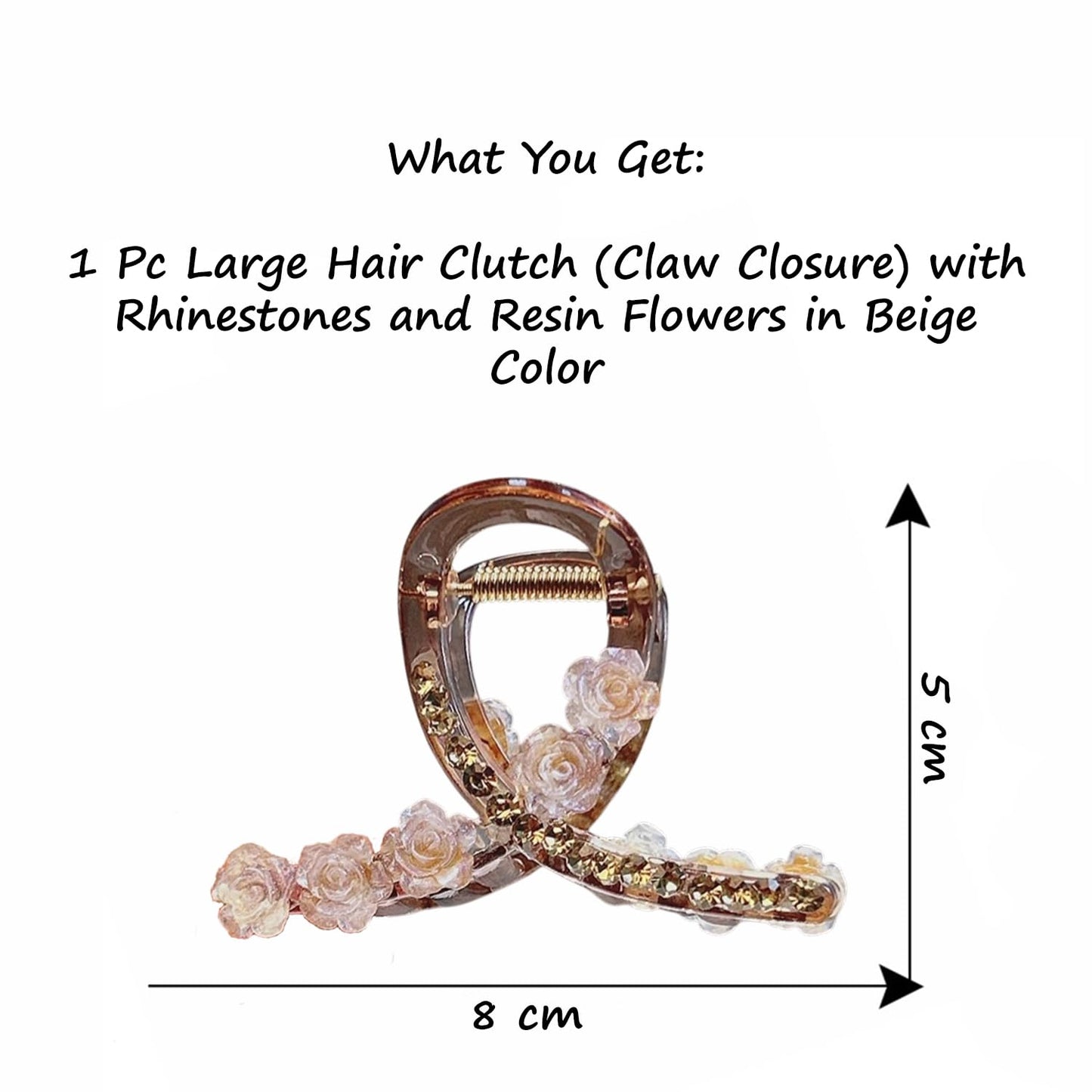 S.A.V.I Beige Resin Flower Hair Claw Clip for Women (8 cm) | Rhinestone Floral Design, Durable Acrylic Curved Clutch, Strong Grip Hair Accessory for Bun, Updo & Daily Styling
