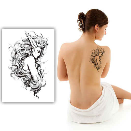 S.A.V.I Black Angel Girl Temporary Tattoo Sticker, Large 21x11 cm, Waterproof Non-Toxic Body Art Decal, Long-Lasting Fantasy Design for Arm, Back and Shoulder, Unisex, 1 Pc