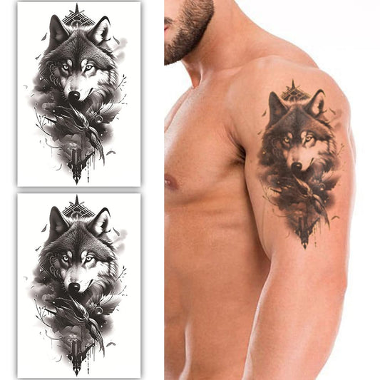 S.A.V.I 2 Sheets Large Temporary Wolf Tattoos for Men - Realistic Black  Grey Animal Body Art, Waterproof 19x12cm Fake Tattoo Stickers for Arm, Shoulder, Chest - Long-lasting  Easy Application