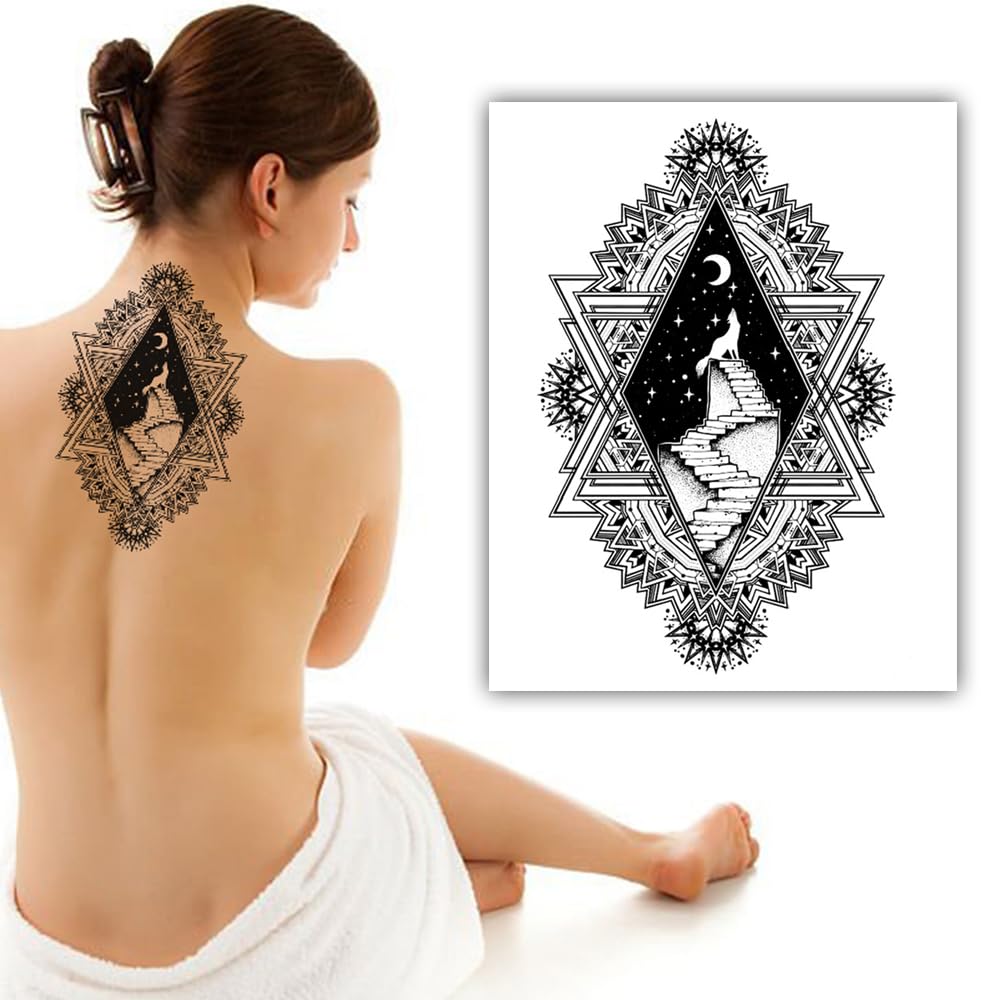 S.A.V.I Black Diamond Mandala Temporary Tattoo for Men & Women, Moon Wolf Staircase Fake Body Sticker, Safe Non-Toxic Tattoo for Arm Back Shoulder Thigh, 21x15 cm