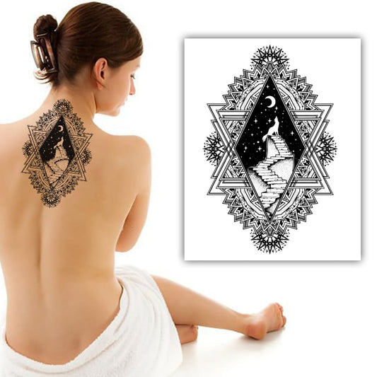S.A.V.I Black Diamond Mandala Temporary Tattoo for Men & Women, Moon Wolf Staircase Fake Body Sticker, Safe Non-Toxic Tattoo for Arm Back Shoulder Thigh, 21x15 cm