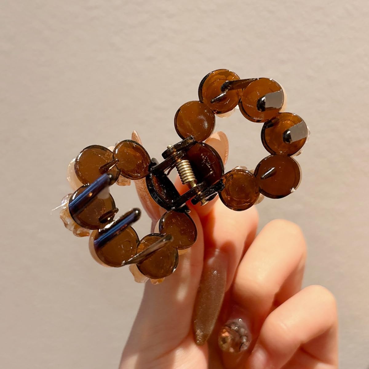 S.A.V.I Beige Small Hair Claw Clip 4cm | Round Acrylic Clutcher with Rose Flower & Bead Decor | Strong Hold Mini Hair Clip for Girls & Women