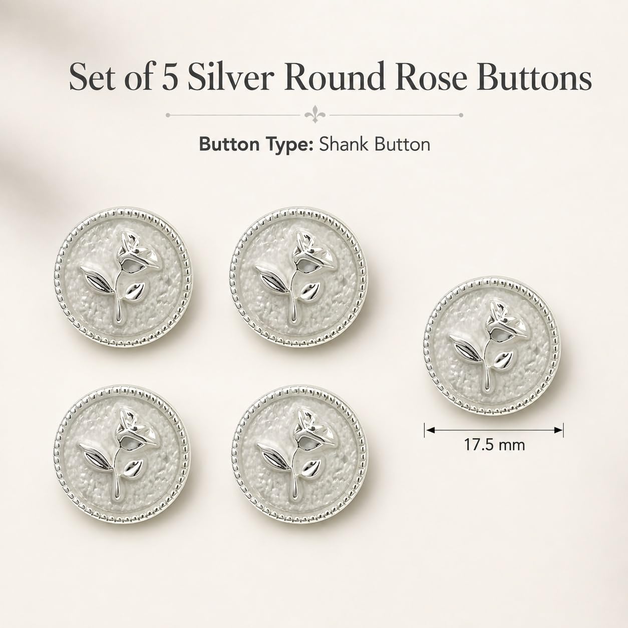 S.A.V.I Silver Rose Shank Buttons for Kurti, 17.5 mm, Set of 5 | Round Floral Design, White Metallic Finish, DIY Garments, Blouses & Dresses, Decorative Closure