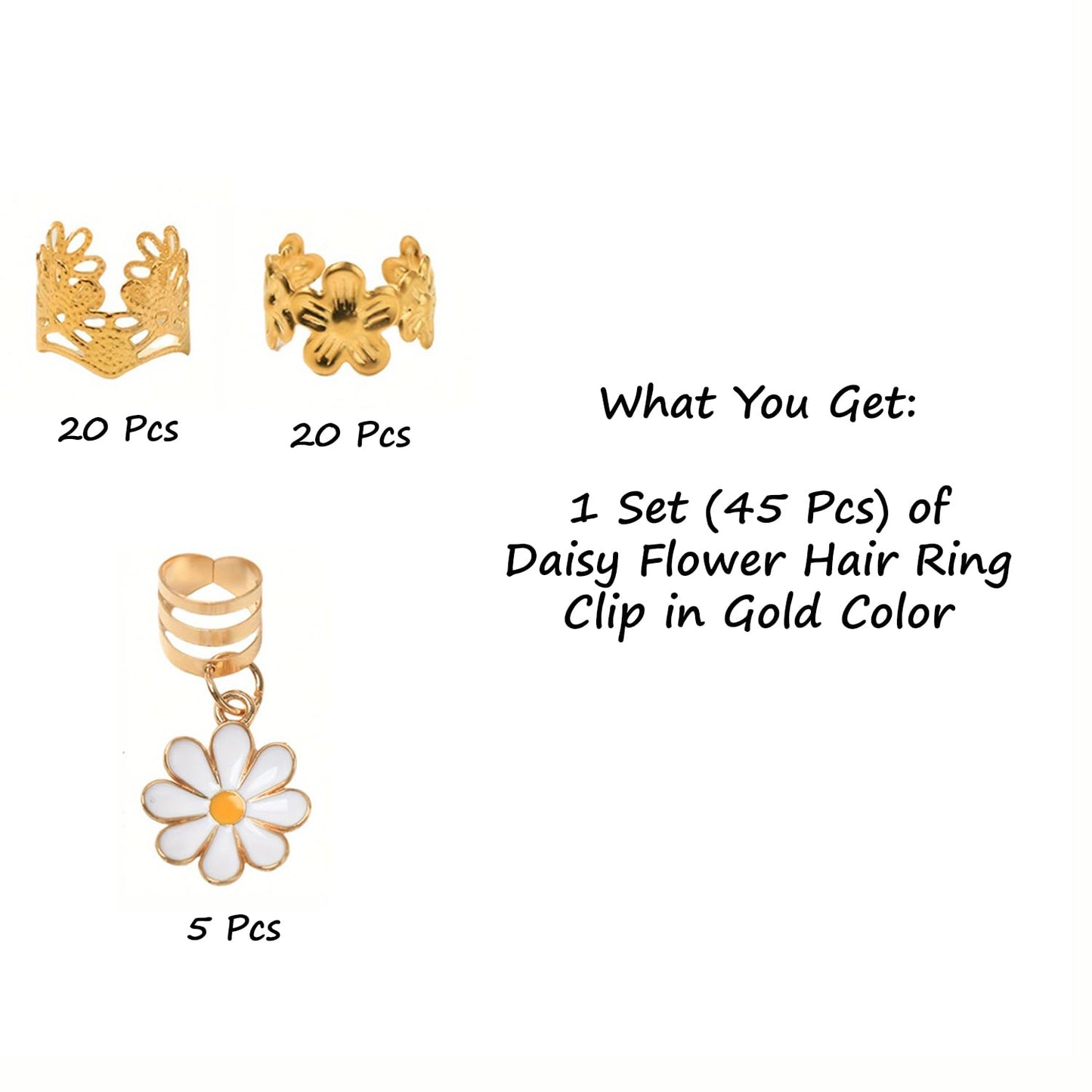 S.A.V.I 45 Pcs Daisy Flower Hair Braid Rings Set for Women & Girls, Gold Metal Dreadlock Cuffs with White Floral Charms, Boho Braiding Accessories for Braids, Locs, Ponytails & Hair Styling