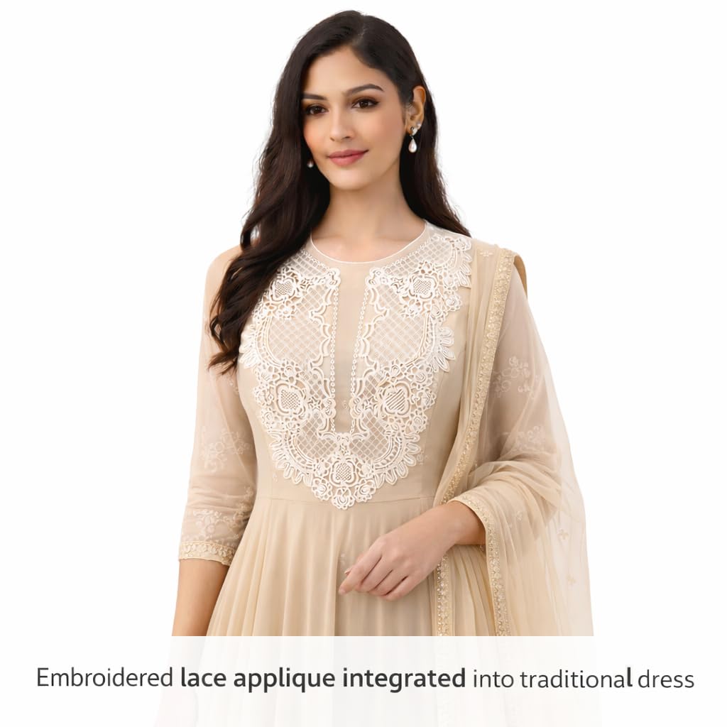 S.A.V.I White Floral Embroidered Lace Applique Neckline Patch 30 x 36 cm | Premium Mesh U-Neck for Gowns, Kurtis, Dresses & Ethnic Wear Sewing (Plain)