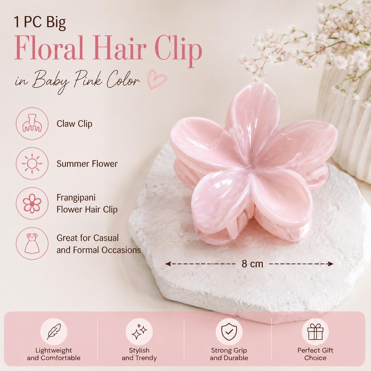 S.A.V.I Floral Hair Claw Clip for Women Baby Pink 8 cm | Frangipani Design, Glossy Acetate Finish, Strong Grip, Thick & Thin Hair, Lightweight