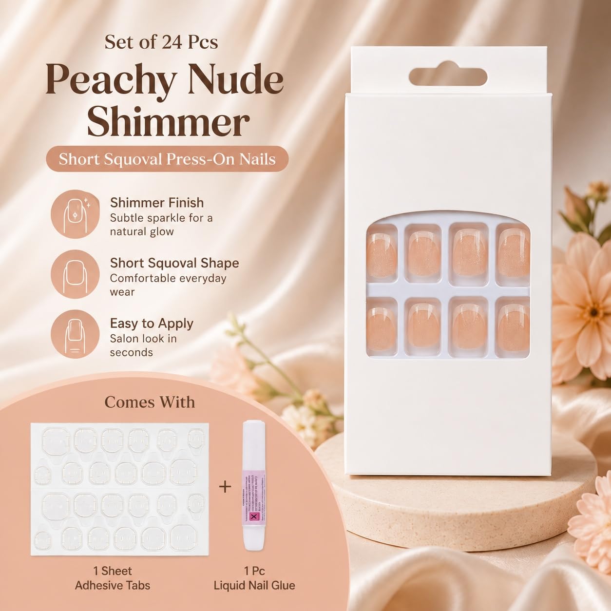 S.A.V.I Press on Nails Short Squoval Peachy Nude Shimmer 24 Pcs
