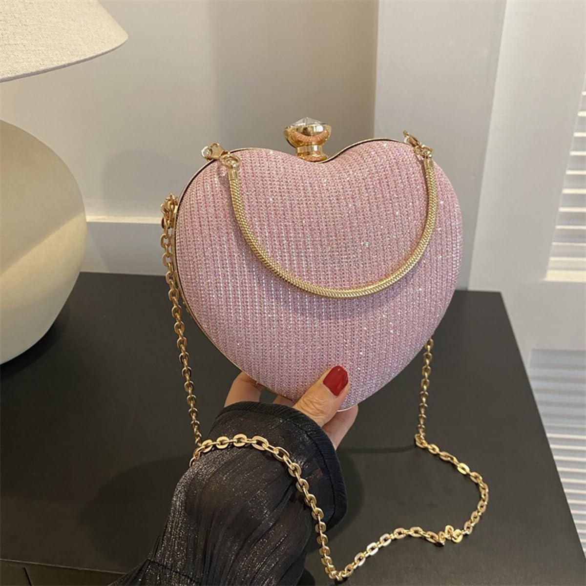 S.A.V.I Women’s Heart Shaped Pink Glitter Clutch Bag | Party & Wedding Evening Purse with Gold Handle, Chain Strap & Crystal Lock | Elegant Metallic Handbag for Brides & Events – 16x15 cm (Pink)