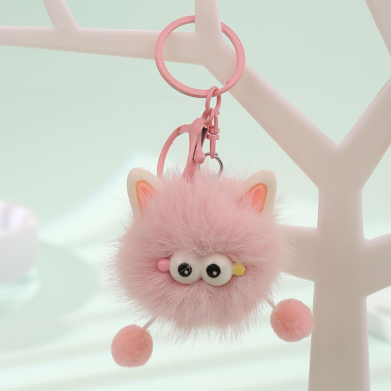 S.A.V.I Cute Plush Pom Pom Keychain for Bags & Keys, Pink Bunny Charm, Soft Faux Fur, 14 x 4 cm Hanging Accessory, Lightweight Gift for Women Girls, Backpack Purse Car Key Ring