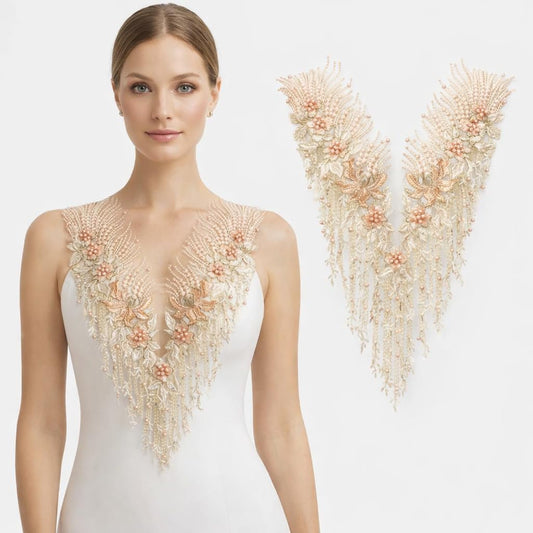 S.A.V.I Peach Apricot Floral Embroidered Applique Patch 28x55 cm, 3D Hand Beaded Pearl Sequin Net Lace V-Neck Front Yoke, Lehenga Gown Bridal Evening (Peach Apricot)