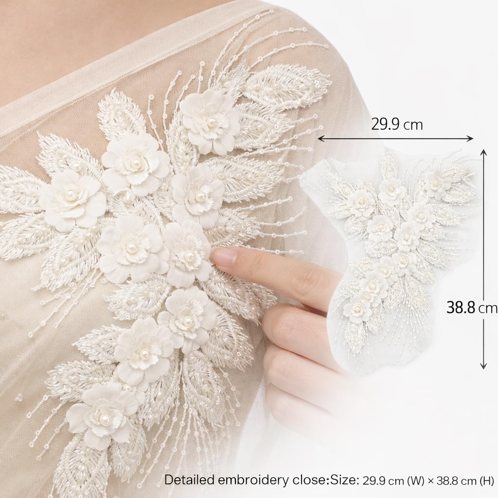 S.A.V.I Ivory White Floral Embroidered Appliqué Patch 29.9 x 38.8 cm | 3D Pearl Beaded Sew-On Net Lace Motif for Saree, Blouse, Gown & Bridal Sewing Decoration (White)