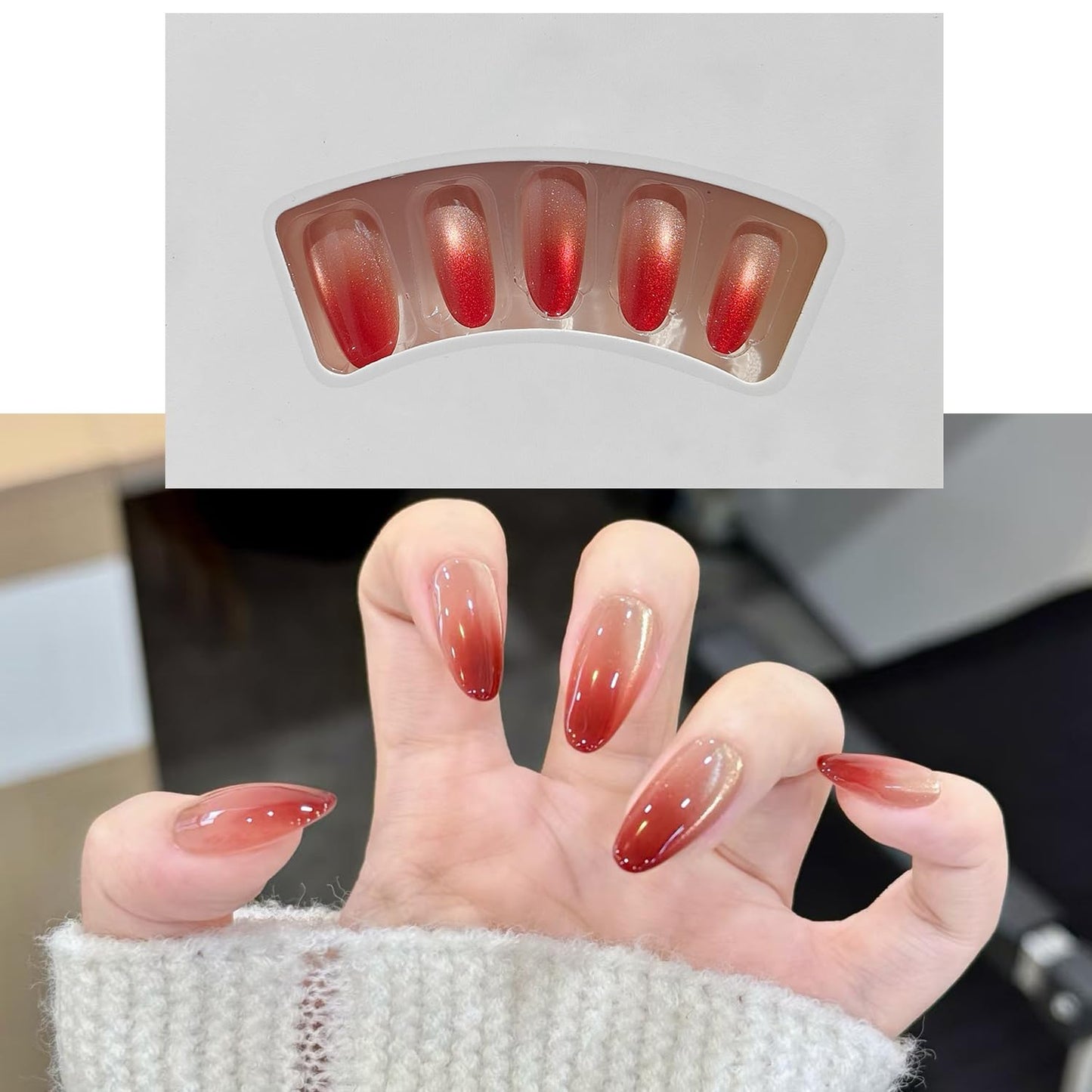 S.A.V.I 30 Pieces Reusable Press-On Fake Nails for Women, Medium Round Length, Red & Nude Gradient Cat Eye Gloss, Acrylic Set with Nail Glue & Adhesive Tabs