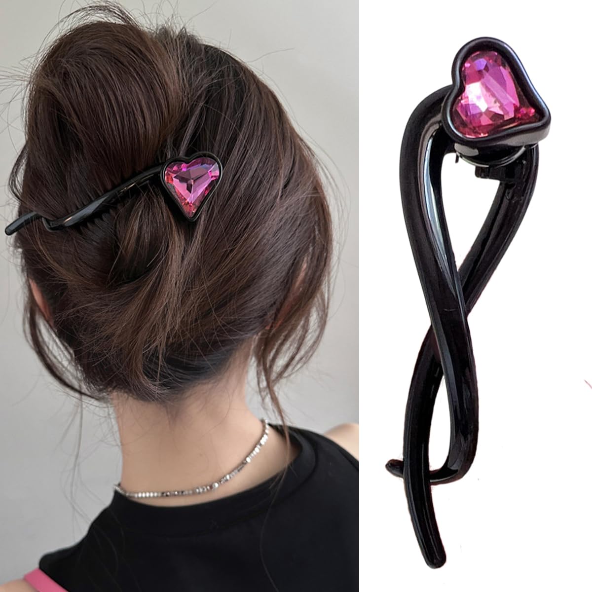 S.A.V.I Black Acrylic Hair Claw Clip for Women & Girls | 12cm Large Strong Grip with Big Pink Heart Crystal | Non-Slip Bun & Ponytail Holder Hair Accessory