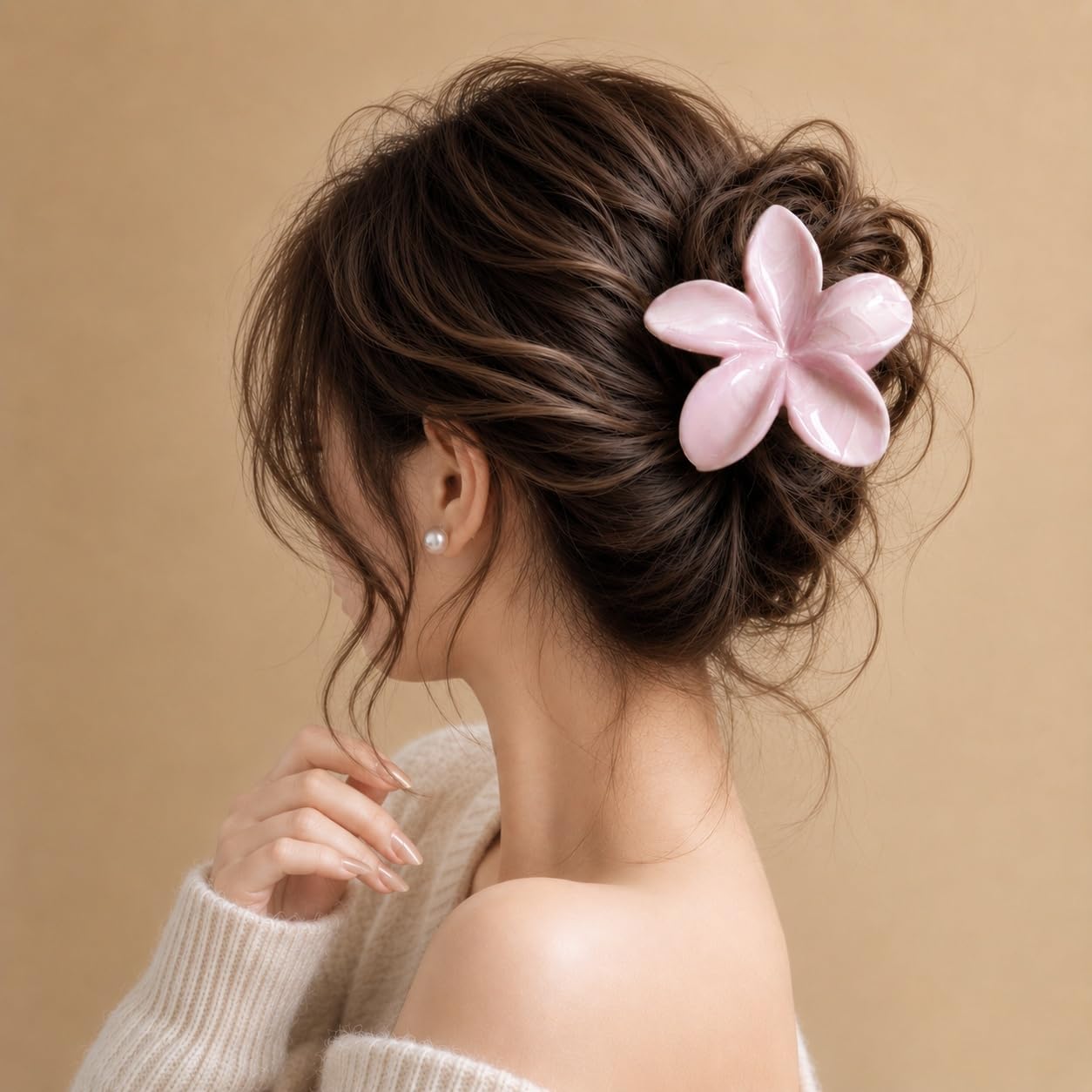 S.A.V.I Floral Hair Claw Clip for Women Baby Pink 8 cm | Frangipani Design, Glossy Acetate Finish, Strong Grip, Thick & Thin Hair, Lightweight
