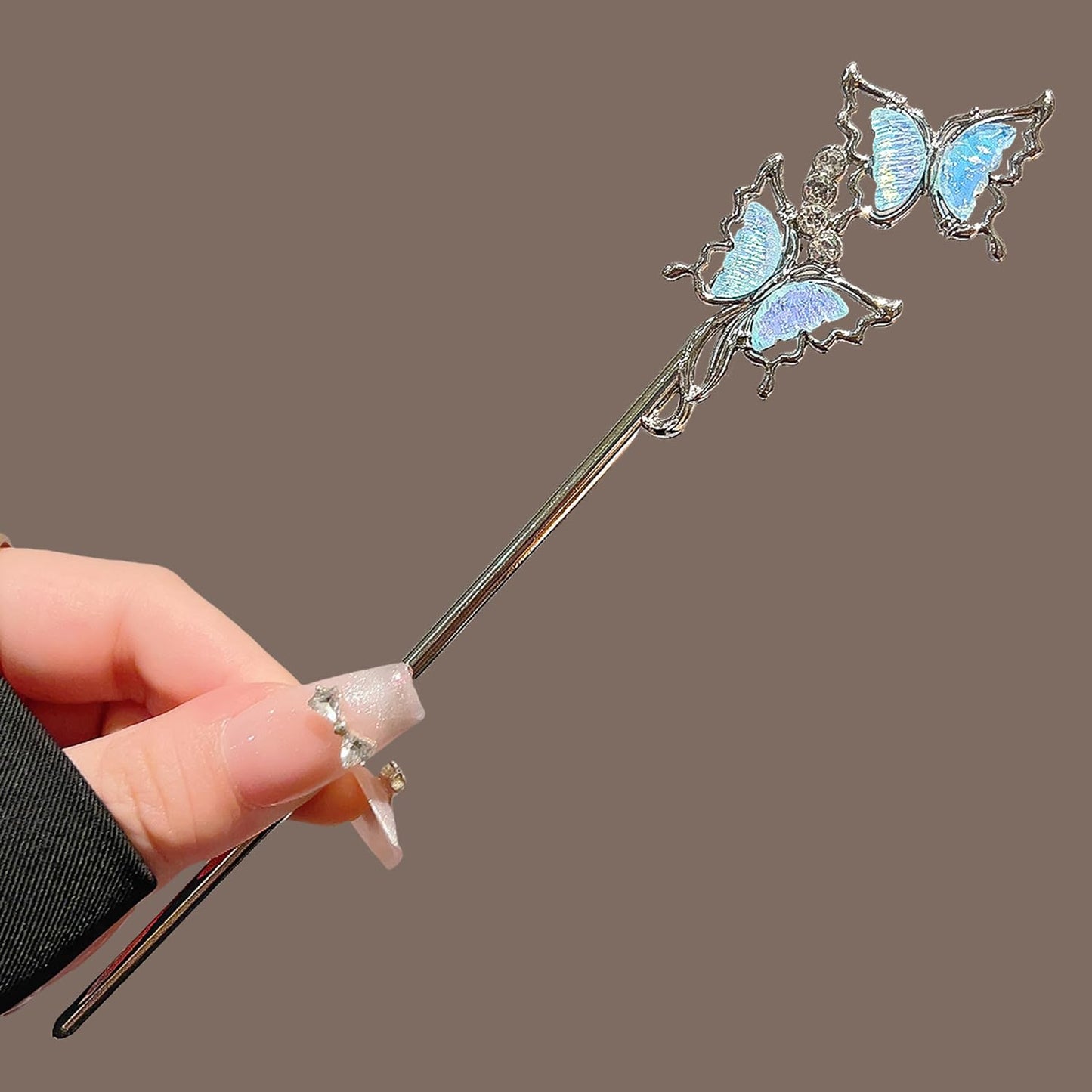 S.A.V.I Moonstone Butterfly Hair Stick Silver Blue 18 cm, Silver-Blue Alloy Bun Accessory, Lightweight, Elegant Updo Holder for Daily, Parties & Festive Looks