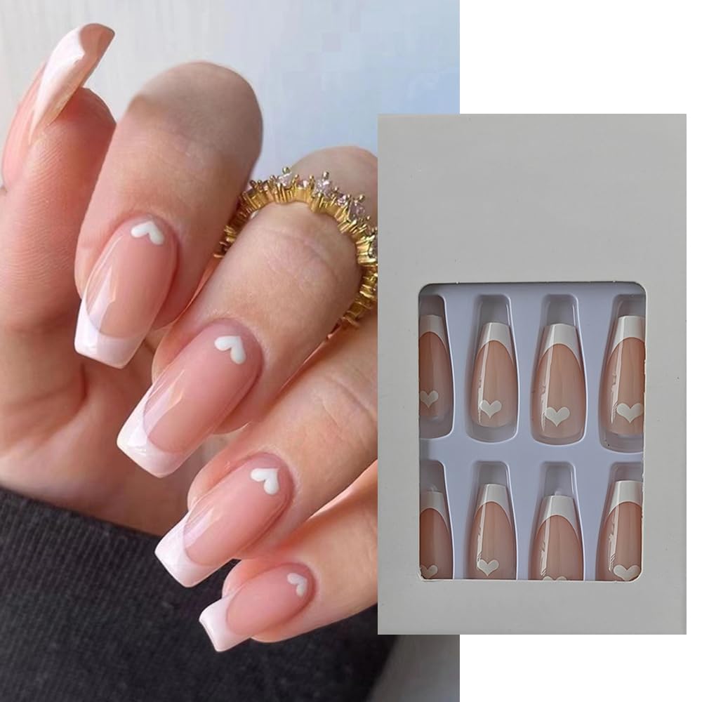 S.A.V.I 24 PCs Long Coffin Shape Nude French Manicure with Heart Print | Press-on Fake Nails | DIY Manicure Kit | Reusable, Easy to Apply, Professional Look | Perfect for Home  Salon Use