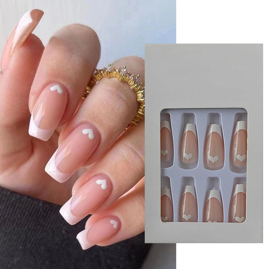 S.A.V.I 24 PCs Long Coffin Shape Nude French Manicure with Heart Print | Press-on Fake Nails | DIY Manicure Kit | Reusable, Easy to Apply, Professional Look | Perfect for Home  Salon Use