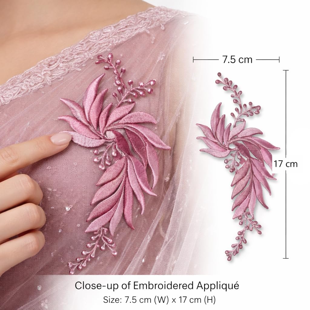 S.A.V.I Pink & Silver Floral Iron-On Embroidered Appliqué Patch 7.5 x 17 cm | Leaf Motif Threadwork Design for Dresses, Sarees, Blouses & DIY Fabric Craft (Right, Pink, 7.5 x 17 cm)
