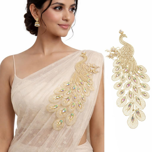 S.A.V.I Gold Peacock Embroidered Sew-On Applique 14 x 30 cm | Luxury Threadwork with Iridescent Stones | Designer Ethnic Motif for Saree, Blouse, Kurti & Gown (Left, Gold, OneSize)