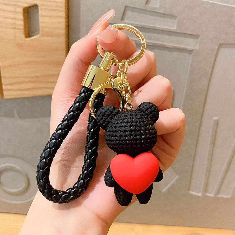 S.A.V.I Cute Black Bear Keychain with Heart Charm | Resin Mini Teddy Pendant 6cm | Braided PU Leather Wrist Strap | Lightweight Gold Key Ring for Girls, Women (Black)