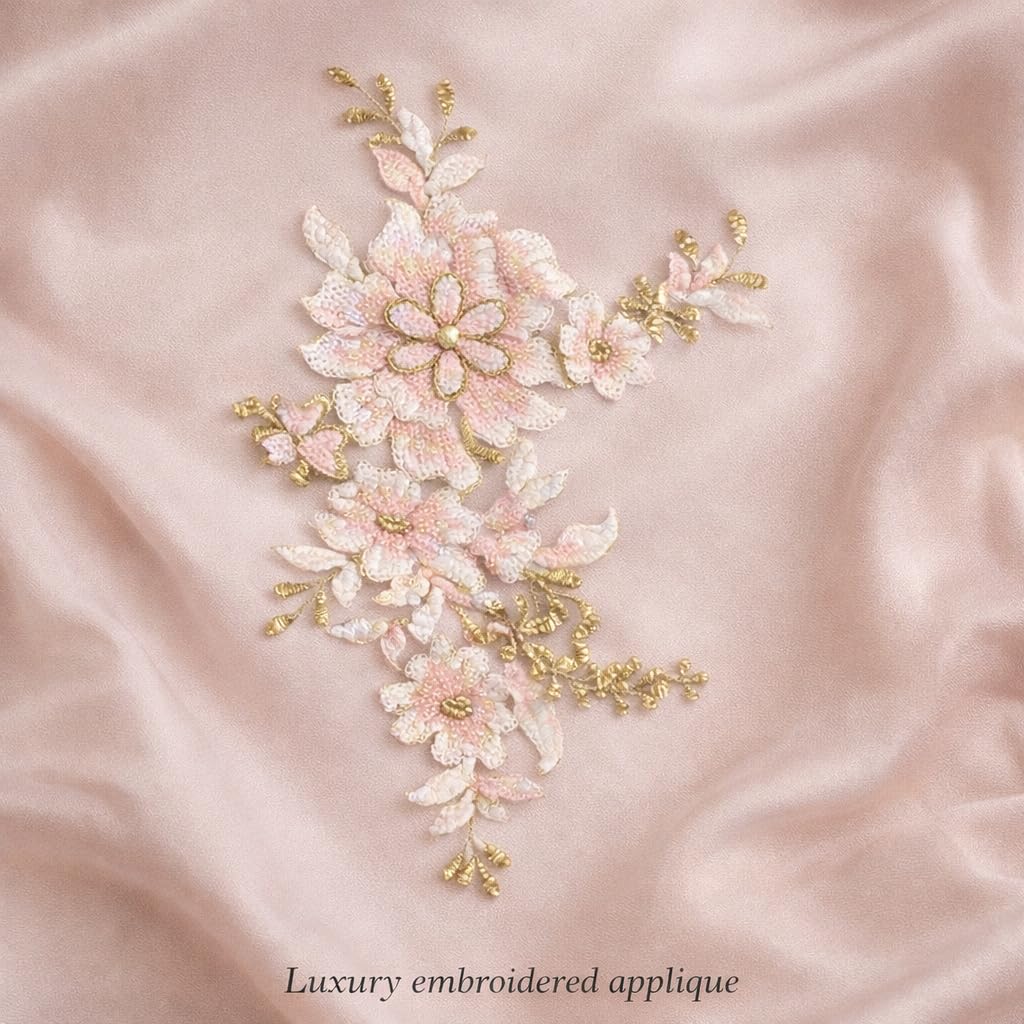 S.A.V.I Light Pink Floral Embroidered Applique Sew-On Patch 25x29 cm, Organza Lace with Gold Thread, 3D Flower Design for Blouse, Lehenga, Gown & Dress Decor (Light Pink)