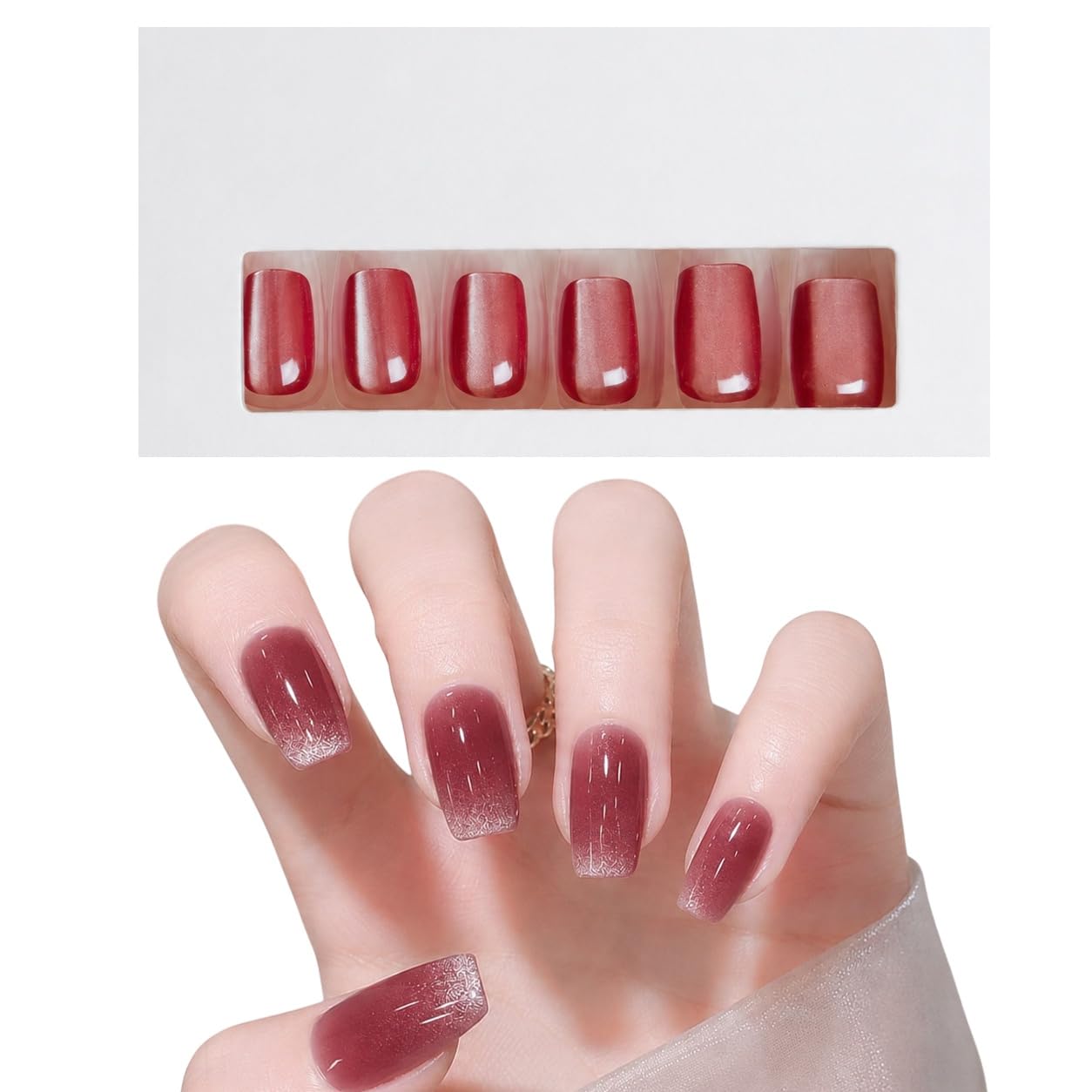 S.A.V.I Press on Nails Dark Wine Medium Square Cat Eye 24 Pcs