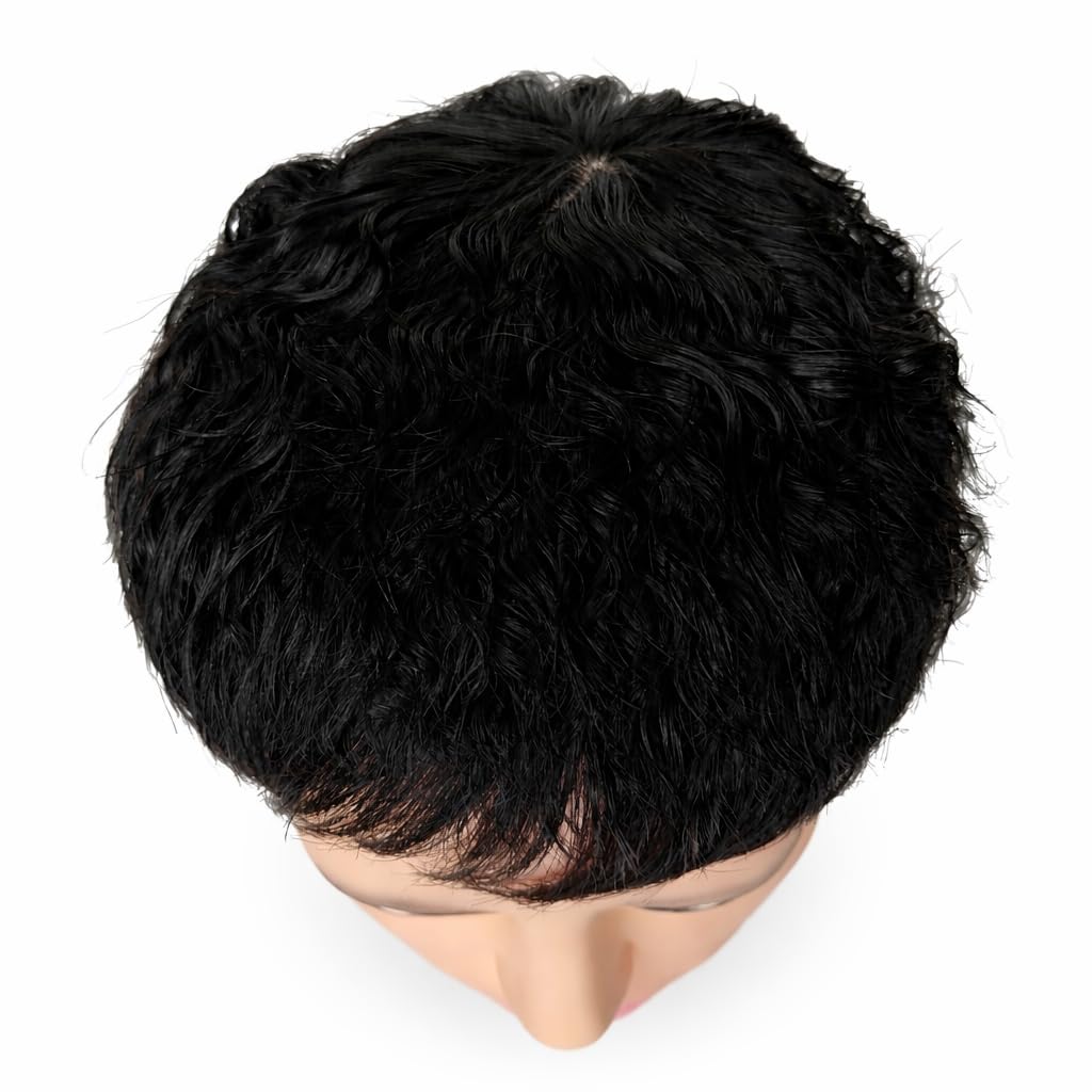 S.A.V.I Black 100% Human Hair Patch for Men – Glossy Wet Look Wavy Texture, Curved Crown Design, Clip-On Topper for Bald Spot Coverage, Breathable Base, Natural Scalp Seamless Fit for Men