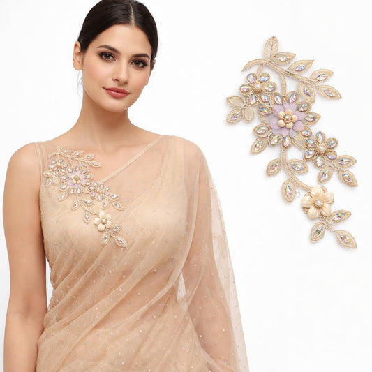 S.A.V.I Champagne Gold Crystal Floral Applique Patch 14 x 27 cm, Hand Embroidered Beaded Leaf Sew-On Design for Sarees, Gowns, Dresses & Kurtis (Left, Gold, OneSize)