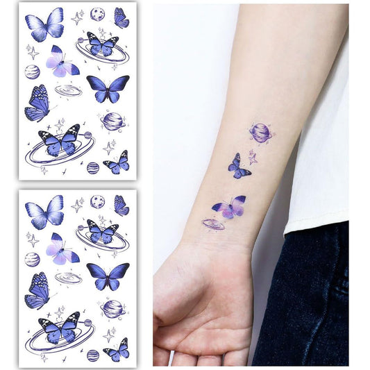 S.A.V.I 2 Sheets | Blue Butterfly Galaxy Temporary Tattoos for Women, Kids | 12x7.5cm | Cute, Long-Lasting, Waterproof Body Art Stickers | Ideal for Parties, Festivals, Events | Easy Apply  Remove