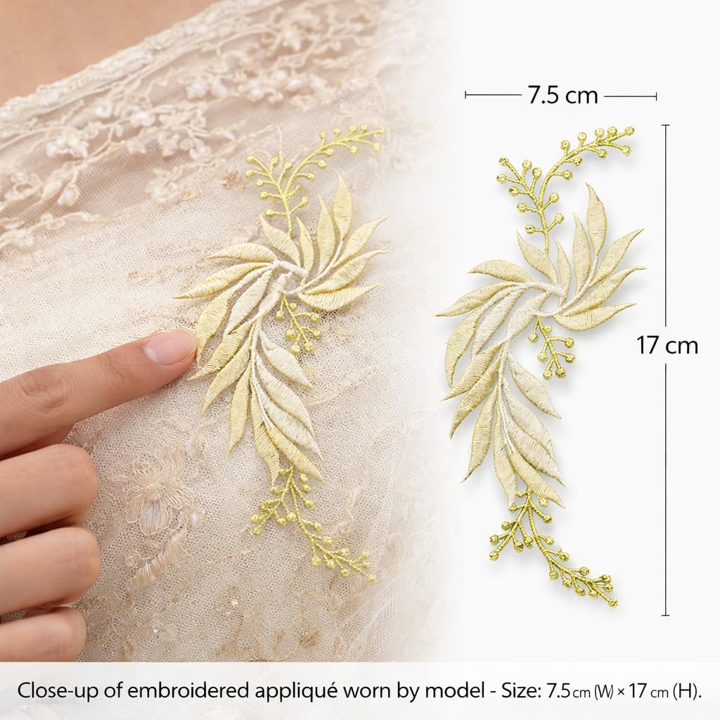 S.A.V.I Yellow & Silver Floral Iron-On Embroidered Appliqué Patch 7.5 x 17 cm | Leaf Motif Threadwork Design for Dresses, Sarees, Blouses & DIY Fabric Craft (Left, Yellow, 7.5 x 17 cm)