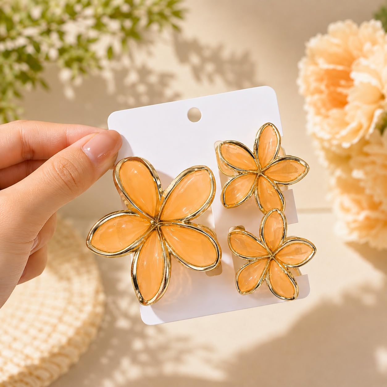 S.A.V.I Floral Hair Claw Clips in Light Orange, Set of 3 | 1 Large + 2 Small, Resin Finish, Strong Grip, All Hair Types, Party & Casual Wear