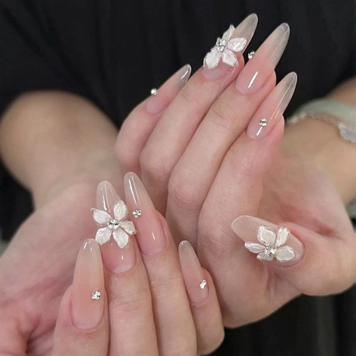 S.A.V.I 4 Sheets - 3D Floral Nail Art Stickers – Pearl White & Pastel Pink Blue Acrylic Flower Designs, Self-Adhesive Sheets 7×9 cm for DIY Salon-Style Nails at Home