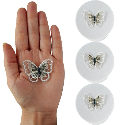 S.A.V.I 3 PCS. Butterfly Embroidered Appliqué Patches, Sew-On, Lightweight, 4.1 x 3.2 cm, Ideal for DIY Clothes, Dresses, Scarves, Bags, Accessories, Crafts (White)
