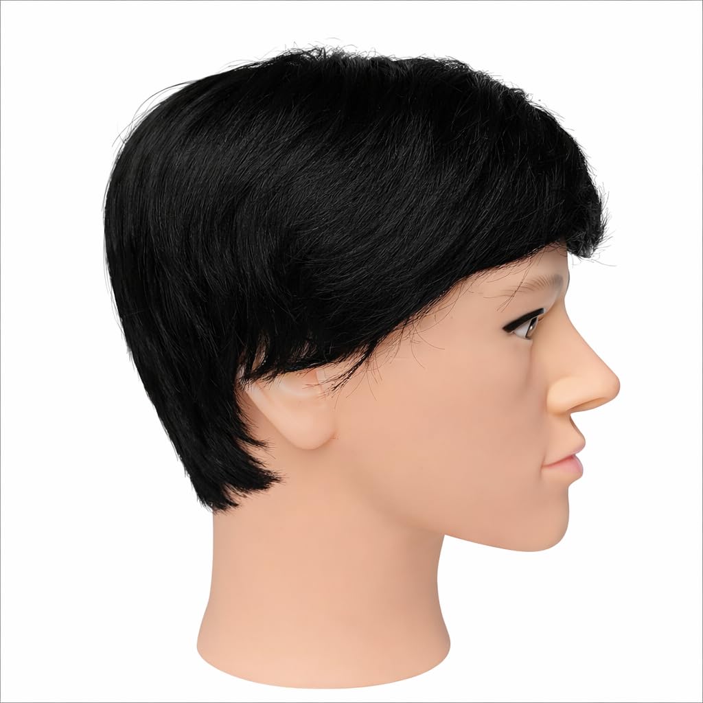 S.A.V.I 100% Human Hair Short Pixie Cut Wig for Men | Natural Black Straight Layered Boy Cut Style | Soft Lightweight Breathable Cap | Real Hair Full Head Wig | Realistic Scalp Effect