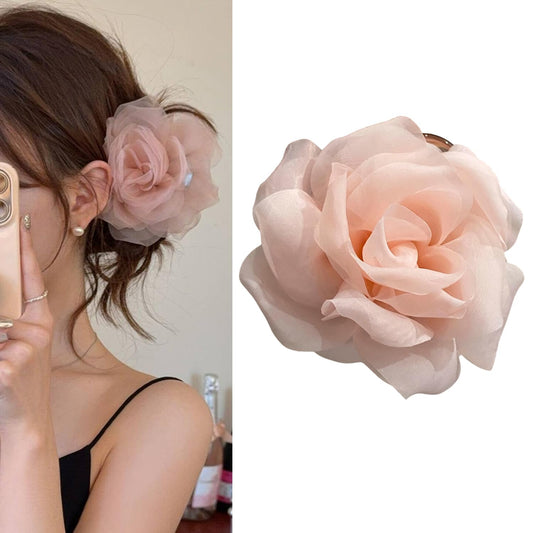 S.A.V.I Pale Pink Rose Hair Claw Clip for Women & Girls (9 cm) | Large Floral Net Fabric Hair Accessory | Strong Hold Elegant Updo Clutcher for Party, Wedding, Daily