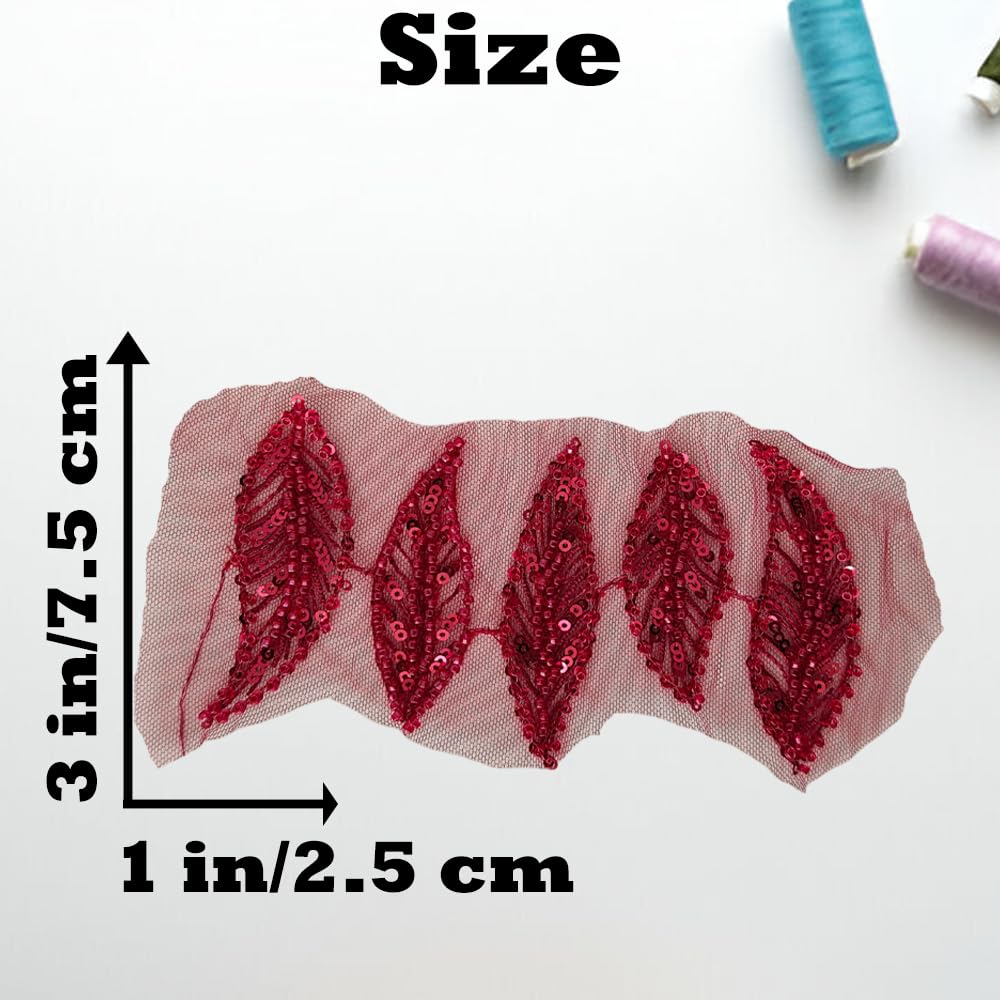 S.A.V.I 5 Leaf Wine Red Sequin Leaf Applique Trim – Sew-On Net Fabric Embellishment, 3x1 Inch Handcrafted Beaded Motif for Blouse, Lehenga, Gown & DIY Crafts