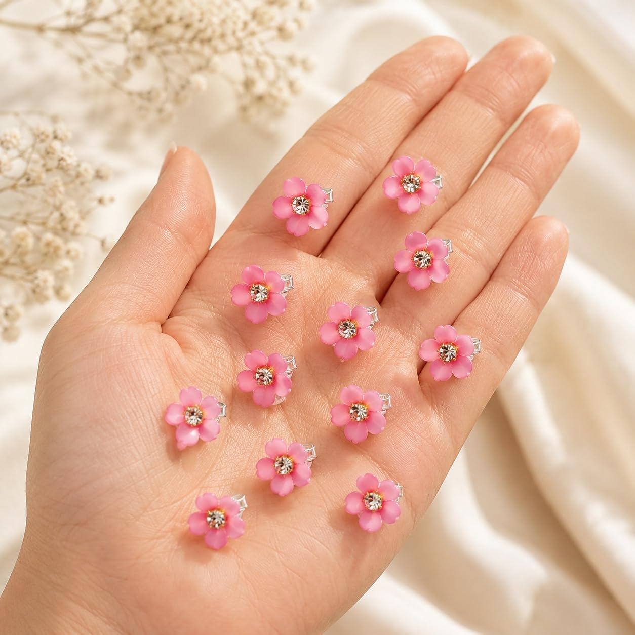 S.A.V.I Flower Hair Clips with Rhinestones, Pink, 1.5 cm | Set of 10, Resin Shell Material, Mini Claw Clips, Bridal & Party Styling, for Women & Girls
