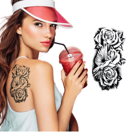 S.A.V.I Temporary Tattoo Stickers for Women, Rose Flowers, Bird, Black Color Fake Tattoos For Girls, Size -21x10CM