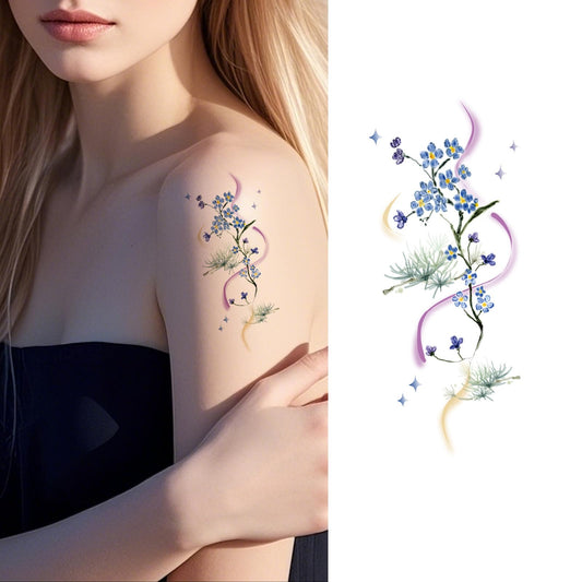 S.A.V.I 1 Pc Floral Arm Design with Colorful Ribbon & Blue Blossom, Safe Non-Toxic Waterproof Temporary Tattoo Sticker for Women & Girls, Long-Lasting Body Art for Hand, Shoulder & Back (48)