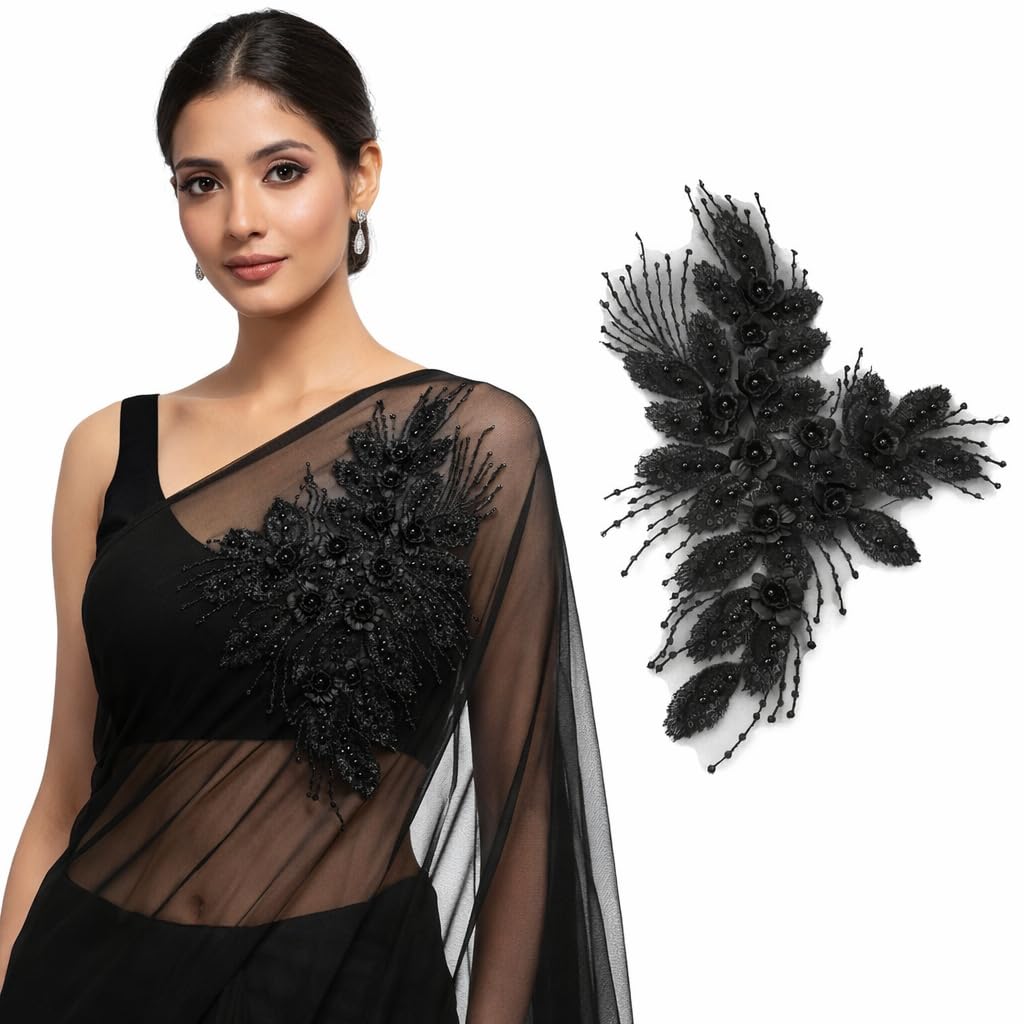 S.A.V.I Black 3D Floral Embroidered Sew-On Applique Patch 38.8 x 29.9 cm Beaded Mesh Lace Motif for Bridal Lehenga Saree Blouse Gown DIY Ethnic Craft (Black)