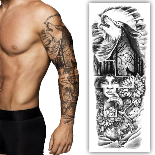 S.A.V.I Full Arm Temporary Tattoo Sleeve - Howling Wolf  Forest, Unisex, 48x17 cm